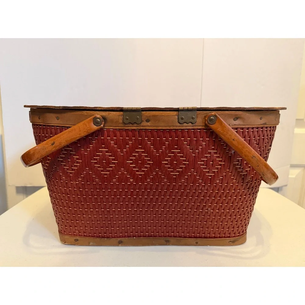 Vintage Redman Woven Picnic Basket Dark Red Wood Lid Double Metal Handles